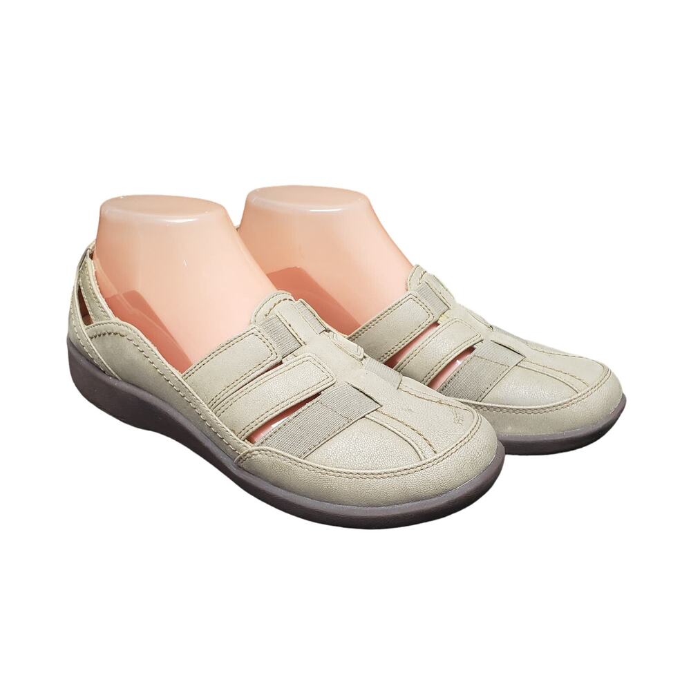 Clarks Silliant Beige Tan Slip On Cutout Straps Loafer Comfort Slide On Shoes